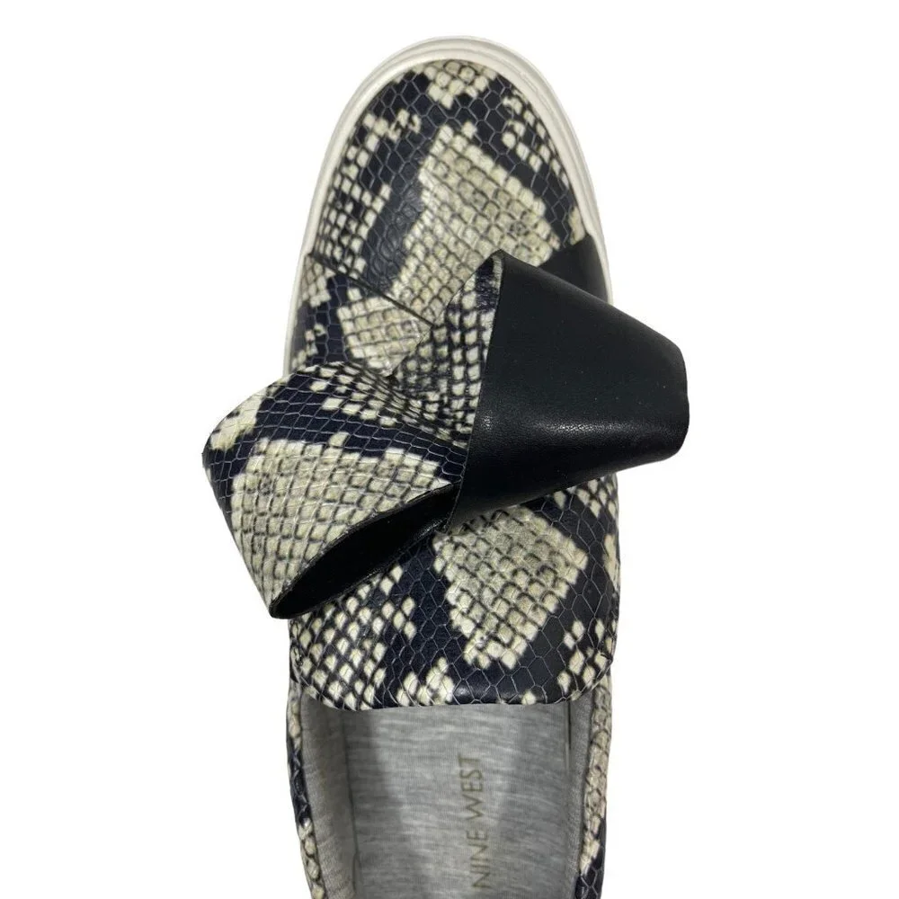 NINE WEST Women's Leather Faux Snakeskin Slip Ons Size 8.5 Med Sneakers Bows EUC